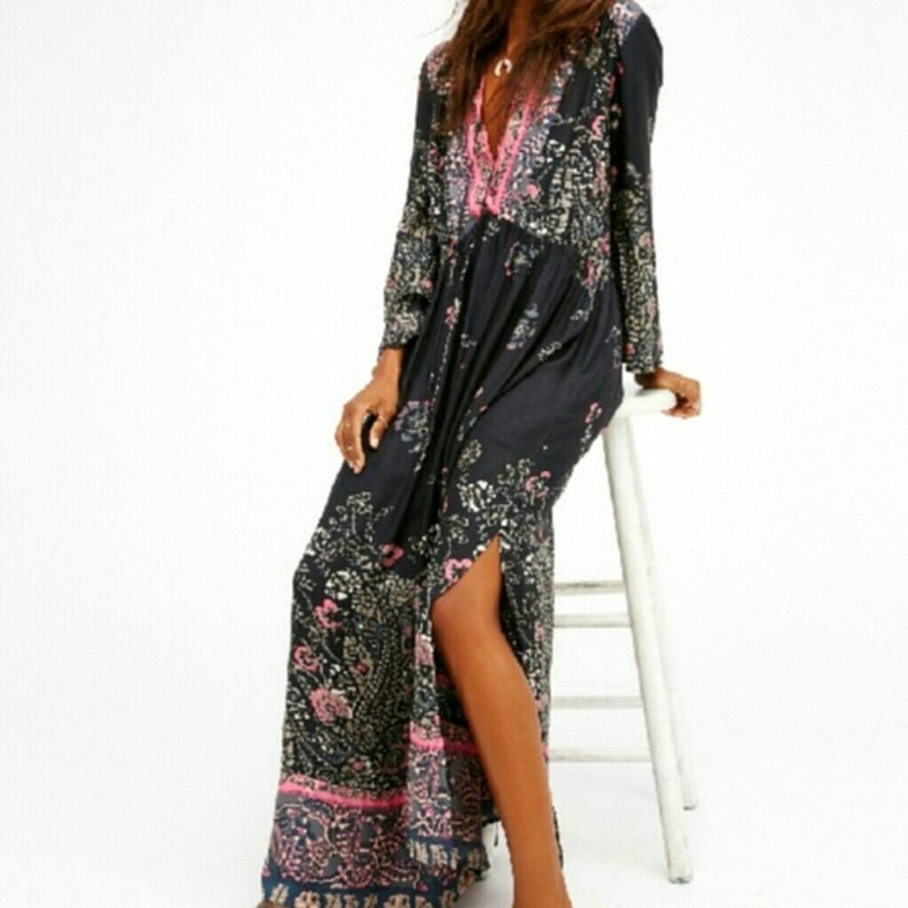 Free People Pink Black Boho Chic Floral V Neck Front Tie Maxi Dress M